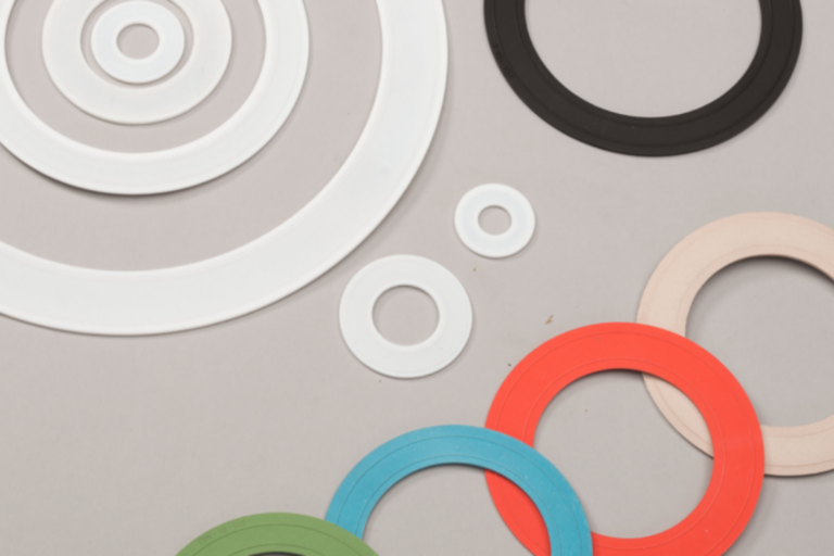 Assortment of flat PCTFE and elastomer gaskets in various sizes and colours.